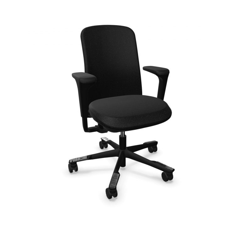 Schwarzer Sofi Arbeitsstuhl mit Armlehnen und Rollen, ergonomischer Bürostuhl für komfortables Sitzen.